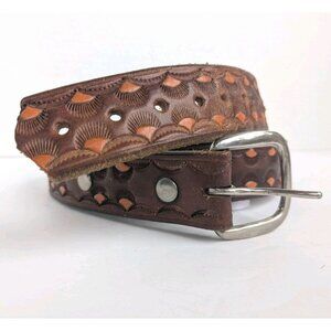 Vintage Stamped Leather Belt 40" Genuine Leather Men's/Unisex Brown W/ Orange